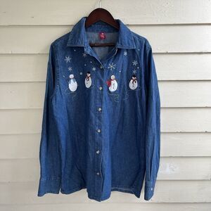 Holiday Party Ugly Christmas Denim Snowmen Grandmacore Button Up- Small